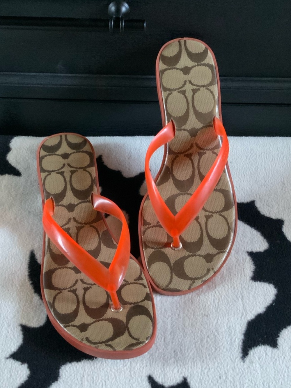 Coach Orange Strap Flip Flops with Signature Print